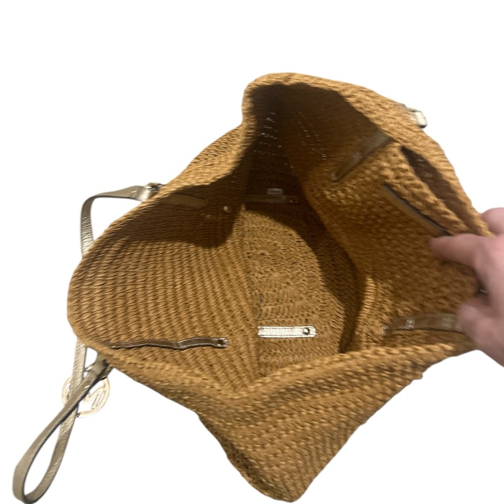 Michael Kors tan Woven straw Tote gold leather straps studded logo charm - Picture 9 of 11